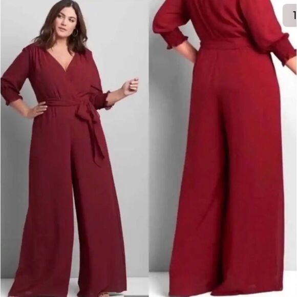Lane Bryant Maroon Burgundy Wide Leg Long Sleeve V Neck Jumpsuit Size 26P